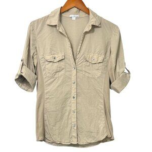 James Perse White Contrast Panel Button Down Shirt 3/4 Roll Tab Sleeve Size 4/XL